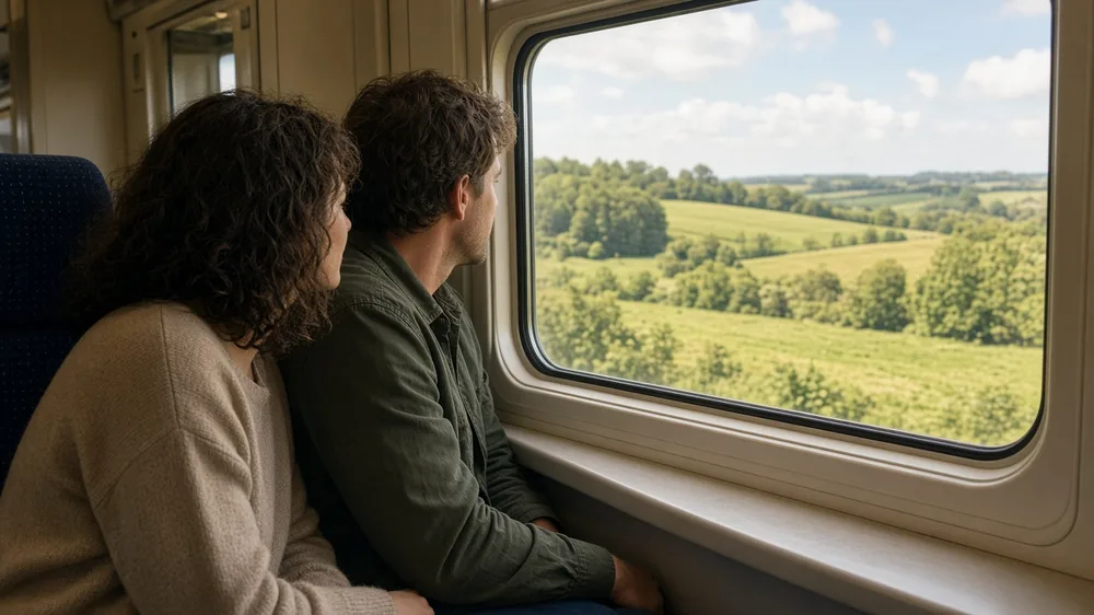Pareja sonriente mira por la ventana de un tren el paisaje verde en un día soleado