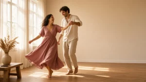 Pareja baila descalza y ríe en un salón luminoso de suelo de madera, con el teléfono boca abajo sobre una mesita