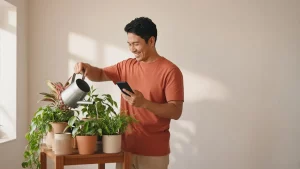 Hombre sonriente riega sus plantas en un piso luminoso mientras mira el teléfono que sostiene en la otra mano