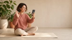 Mujer sentada en una esterilla de yoga saluda sonriente en una videollamada con el teléfono en alto, en una habitación luminosa con plantas