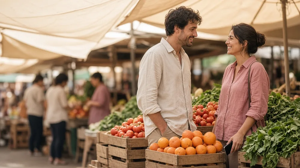 Un hombre y una mujer se saludan sonriendo en un mercado de frutas al aire libre a plena luz del día, ella con el teléfono en la mano