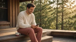 Hombre sonriente mira su teléfono sentado en el porche de madera de una cabaña en el bosque