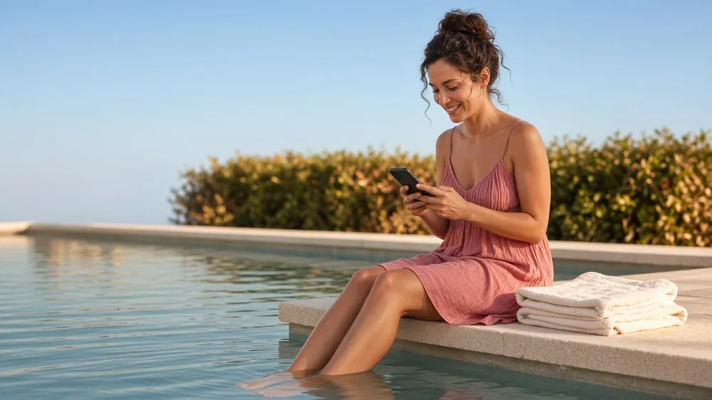 Mujer sentada en el borde de una piscina al aire libre, con los pies en el agua, sonríe mirando el teléfono