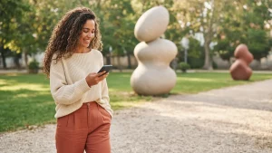 Mujer ríe mientras camina con el teléfono en la mano por un parque de esculturas al aire libre en una tarde soleada