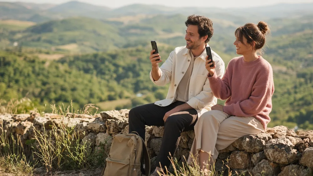 Dos amigos sentados en un muro de piedra con vistas a un valle verde comparan sus teléfonos y sonríen