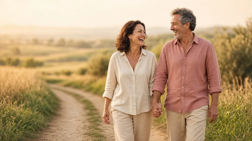 Pareja de unos cincuenta años ríe durante un paseo por un camino de tierra entre campos soleados