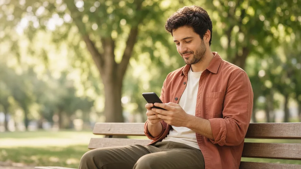Hombre responde preguntas en su teléfono sentado en un banco de un parque soleado