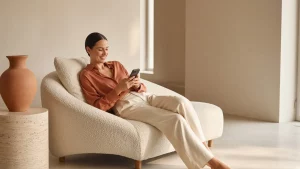 Mujer recostada en un diván de bouclé crema en una sala luminosa y elegante sonríe mirando el teléfono