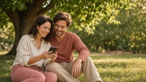 Pareja sonriente mira un teléfono sentada en el césped bajo un gran árbol en un día soleado