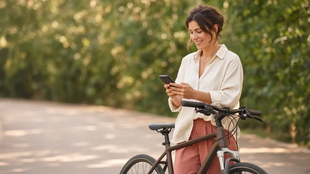 Mujer sonríe mirando su teléfono junto a su bicicleta en un camino arbolado y soleado
