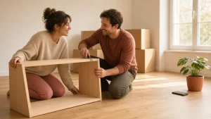 Pareja arma junta un mueble de madera en un piso nuevo y luminoso, con cajas de mudanza al fondo