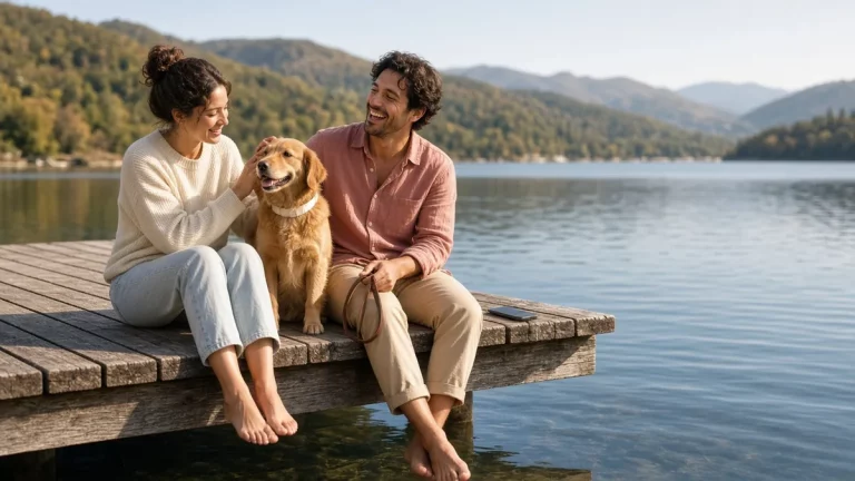 Coppia seduta su un pontile di legno in riva a un lago insieme al proprio cane, in una giornata di sole con le montagne sullo sfondo