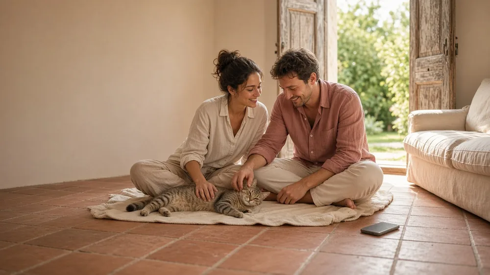 Coppia seduta sul pavimento in cotto di un soggiorno luminoso accarezza un gatto tigrato accanto a una portafinestra aperta