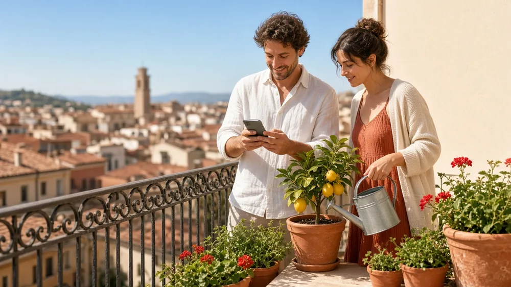 Coppia su un balcone soleggiato tra vasi di terracotta e tetti in coppi sullo sfondo, lui guarda il telefono
