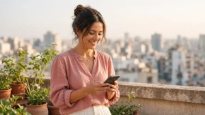 Mujer sonríe mientras mira su teléfono en una azotea soleada con la ciudad al fondo