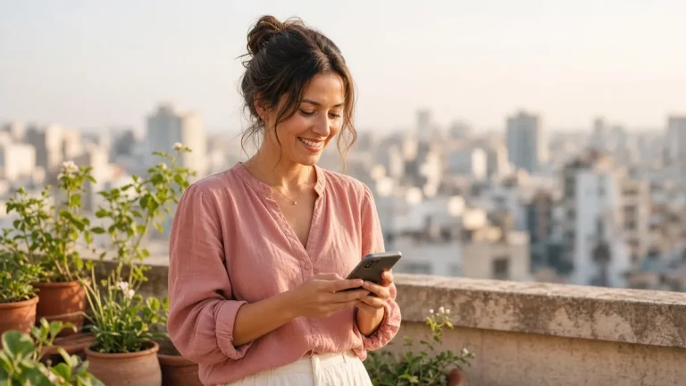 Mujer sonríe mientras mira su teléfono en una azotea soleada con la ciudad al fondo