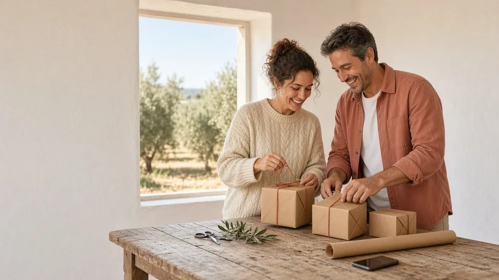 Coppia incarta regali con carta kraft e spago color terracotta su un tavolo di legno in una cucina luminosa