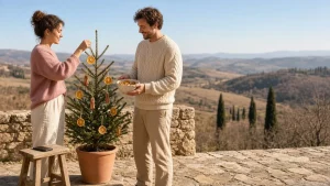 Coppia decora un piccolo abete in vaso con fette d'arancia essiccate e stecche di cannella su una terrazza assolata in Toscana