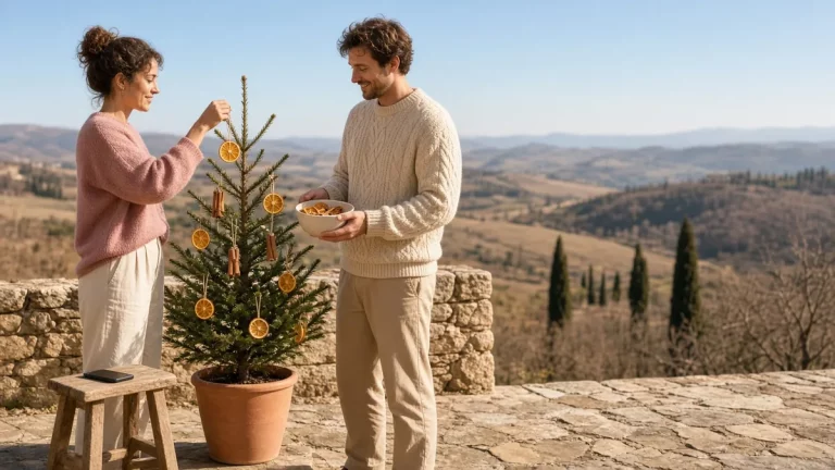 Coppia decora un piccolo abete in vaso con fette d'arancia essiccate e stecche di cannella su una terrazza assolata in Toscana