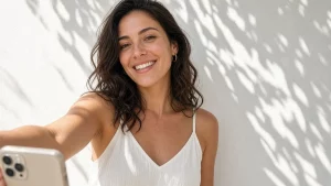 Mujer sonriente se hace un selfi frente a una pared blanca con sombras de hojas al sol