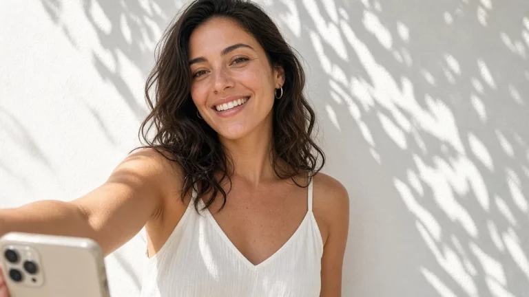 Mujer sonriente se hace un selfi frente a una pared blanca con sombras de hojas al sol