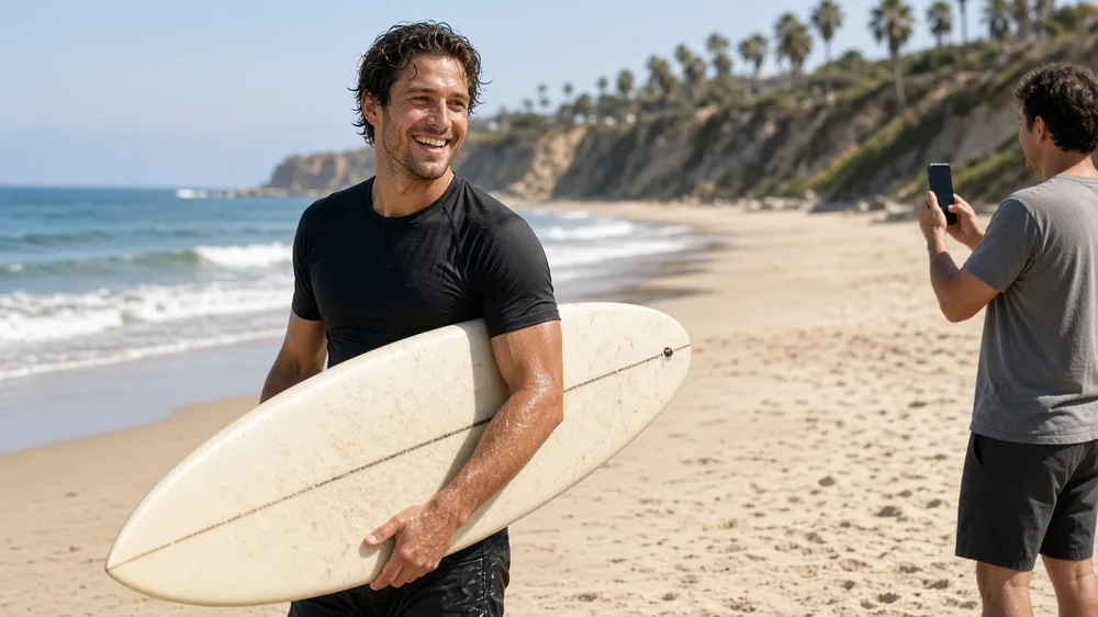Hombre sonriente con una tabla de surf posa en una playa soleada mientras un amigo le hace una foto
