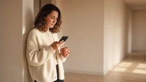 Mujer apoyada en la pared de un pasillo luminoso revisa con atención su teléfono mientras sostiene una taza