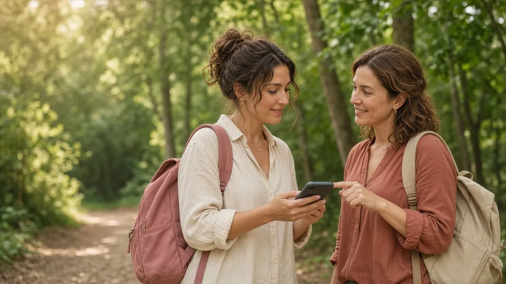 Dos amigas en un sendero del bosque revisan juntas un teléfono y una de ellas asiente tranquilizadora