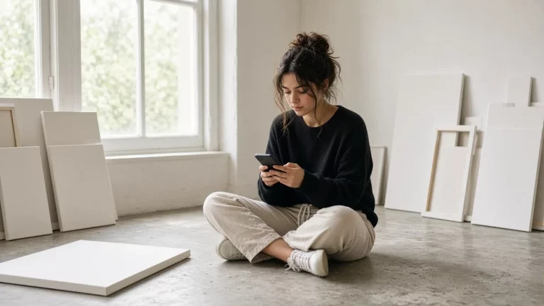 Mujer sentada en el suelo de un estudio de arte luminoso sonríe con curiosidad mirando su teléfono