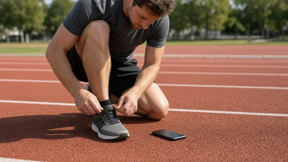 Hombre sonriente se ata las zapatillas en una pista de atletismo soleada con el teléfono boca abajo a su lado