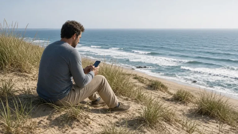 Hombre escribe en su teléfono con una sonrisa sentado en una duna junto al mar