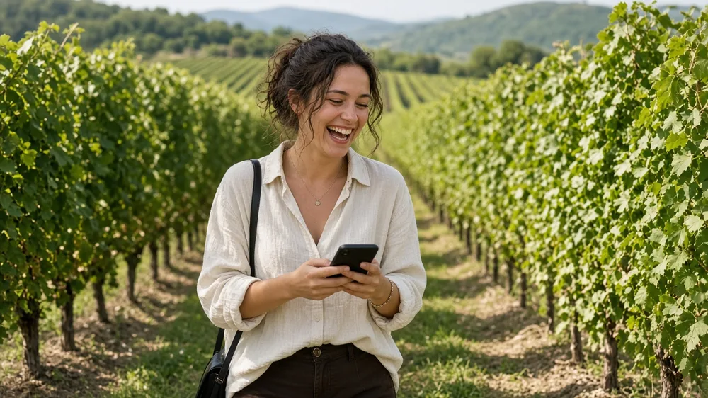 Mujer ríe mirando su teléfono mientras camina entre las hileras de un viñedo soleado