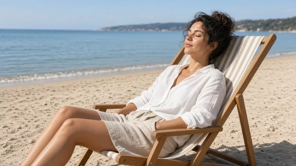 Mujer descansa con los ojos cerrados en una tumbona de madera en la playa