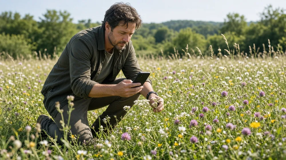 Hombre arrodillado en una pradera de flores silvestres fotografía flores con su teléfono