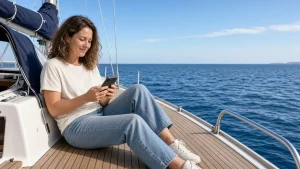 Mujer relajada mira su teléfono sentada en la cubierta de un pequeño velero bajo el sol