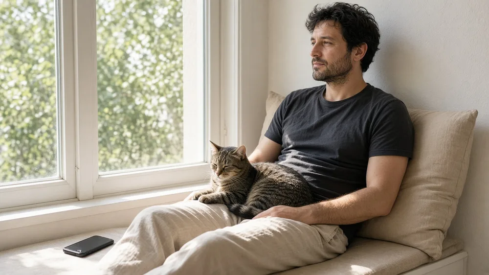 Hombre con un gato en el regazo mira por la ventana sentado en un banco soleado, con el teléfono boca abajo a su lado