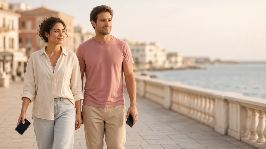 Due persone camminano lungo un lungomare italiano luminoso, telefoni con schermo vuoto in mano e mare azzurro sullo sfondo