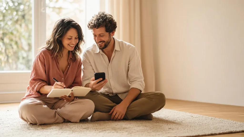 Pareja sonriente sentada en una alfombra de un salón luminoso con un cuaderno y un teléfono