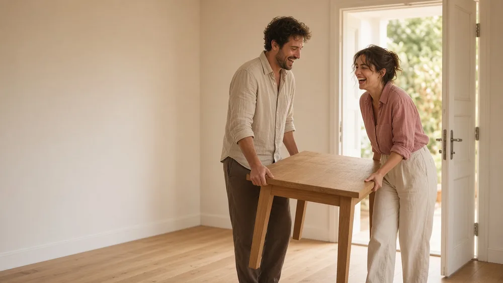 Pareja ríe mientras lleva junta una mesa de madera en una casa nueva y luminosa