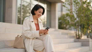 Mujer sonríe mientras escribe en el teléfono sentada en las escaleras de piedra de un edificio moderno en una tarde soleada