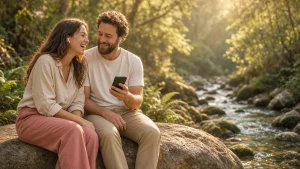 Pareja sentada en una roca junto a un arroyo del bosque comparte unos auriculares mientras mira el teléfono
