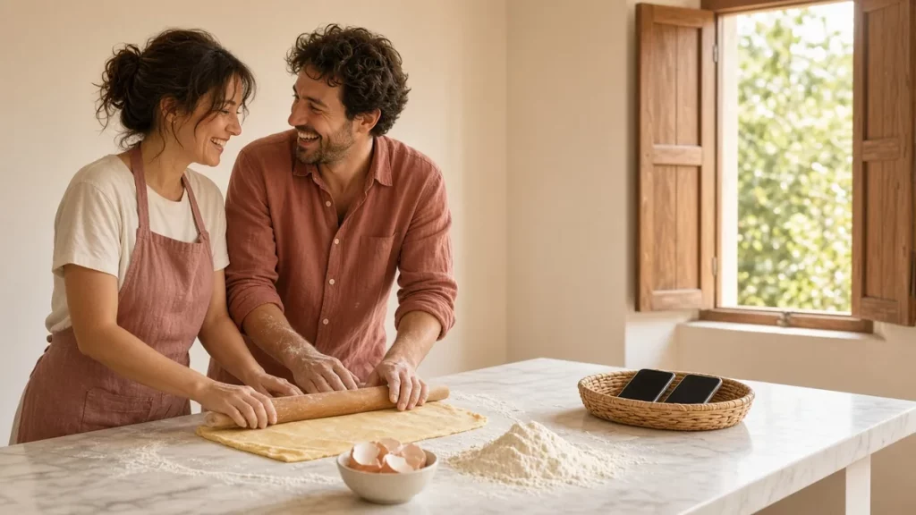 Coppia ride mentre stende la pasta fresca in una cucina luminosa, con i due telefoni spenti lasciati in un cestino di vimini