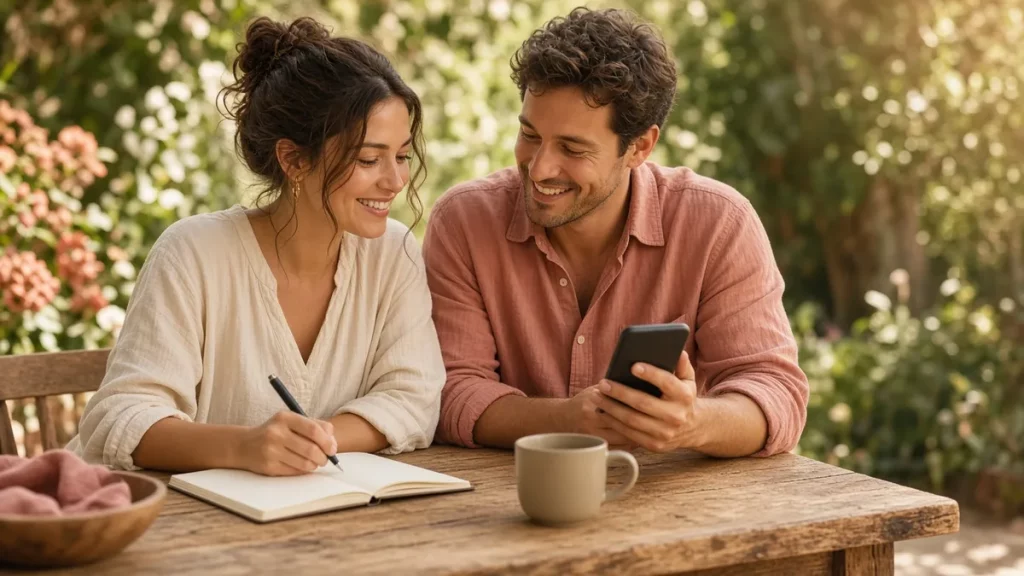 Pareja sonriente organiza sus gastos en una mesa de madera en un jardín soleado con un cuaderno y un teléfono