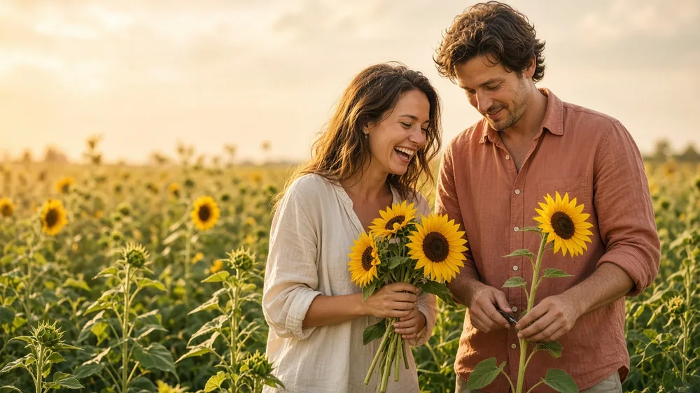 Pareja recoge girasoles juntos en un campo soleado