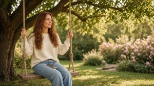 Mujer sentada en un columpio de madera colgado de un árbol en un jardín soleado, con el teléfono sobre las piernas y una sonrisa pensativa