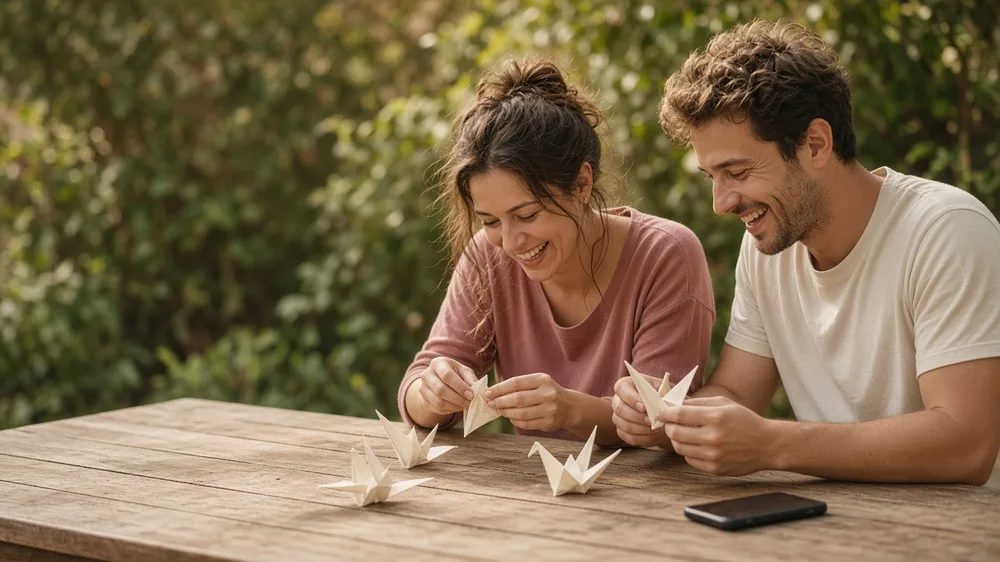 Dos amigos doblan grullas de papel en una mesa de madera al aire libre mientras charlan y se ríen