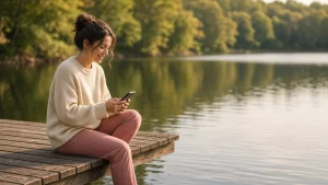 Mujer sentada en un muelle de madera junto a un lago sonríe pensativa mientras mira su teléfono