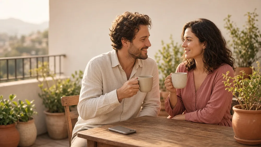 Pareja conversa con calma en una terraza soleada con tazas de cerámica en las manos