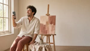 Hombre sonriente en una videollamada con el teléfono en alto, sentado junto a un caballete en un taller de pintura luminoso