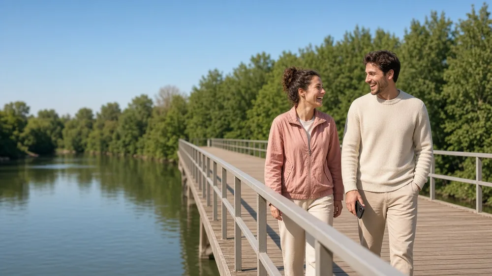 Una pareja camina riendo por un puente peatonal sobre un río en su primer encuentro en persona, él con el teléfono en la mano
